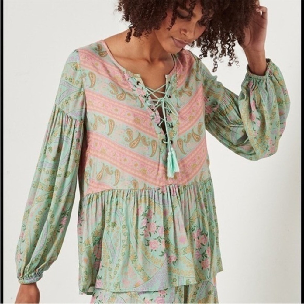 SPELL & the Gypsy City Lights Boho Blouse Green Pink Boho Women's small NWT